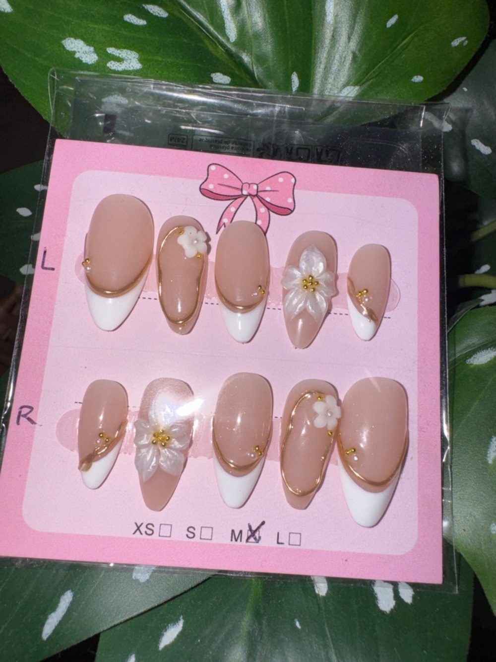 Nude Pink French Tip Press-On Nails with 3D Floral Accents